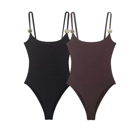 Body Sexy para Mujer con Tirantes Finos Botón de Metal de Rosa Dorada Ajustado Corte Alto Color Sólido Sin Mangas