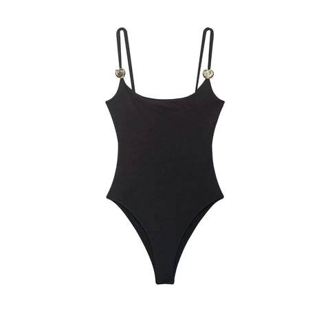 Body Sexy para Mujer con Tirantes Finos Botón de Metal de Rosa Dorada Ajustado Corte Alto Color Sólido Sin Mangas