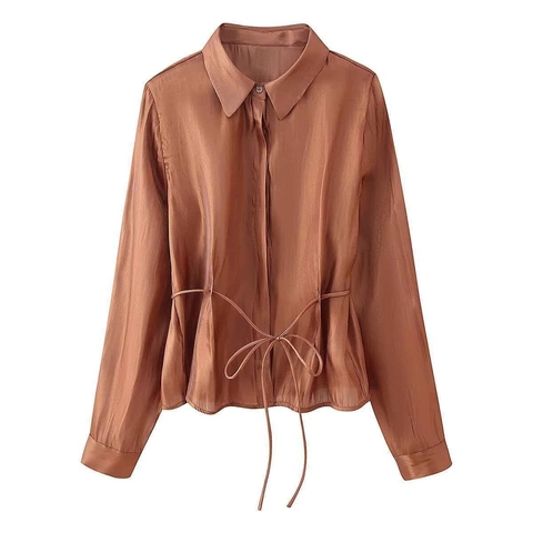 Women Elegant Satin Shirt And Wide Leg Pants Long Sleeve Drawstring Top Caramel Office Casual Clothing