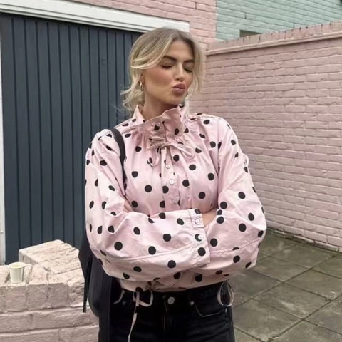 Veste Décontractée à Pois à Manches Longues pour Femmes Col Montant Boutonnée Ourlet à Cordon de Serrage Haut Imprimé Vintage