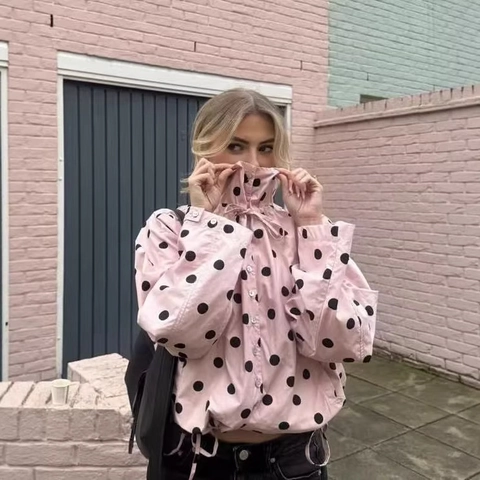 Veste Décontractée à Pois à Manches Longues pour Femmes Col Montant Boutonnée Ourlet à Cordon de Serrage Haut Imprimé Vintage