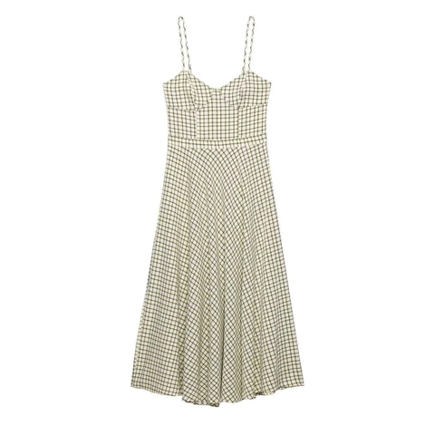 Robe Midi Camisole à Carreaux pour Femme Style Français Col en V Sans Manches Robe Longue Trapèze Décontractée