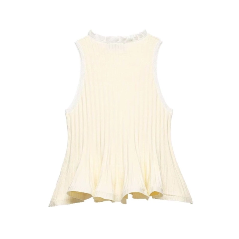 Damen Ärmellose Strickweste Rüschen Stehkragen Schößchen Saum Rippstrick Top Aprikose Elegant Lässiges Sommer Tanktop