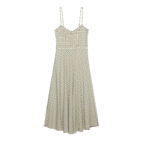 Robe Midi Camisole à Carreaux pour Femme Style Français Col en V Sans Manches Robe Longue Trapèze Décontractée
