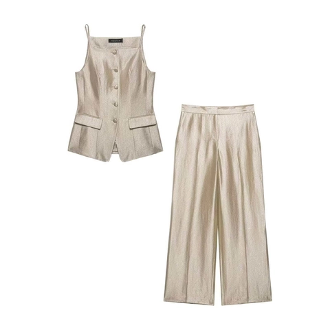 Elegantes Champagner Satin Weste Und Weite Hose Set Mit Hoher Taille Quadratischer Ausschnitt Sommer Mode Für Damen