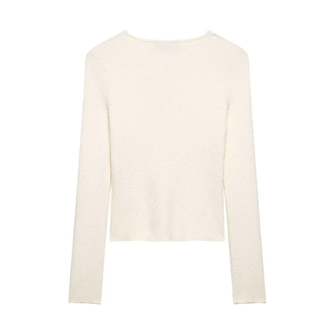 Pull en Maille Asymétrique pour Femme avec Boutons Col Oblique Manches Longues Coupe Ajustée Top en Tricot Côtelé Crème