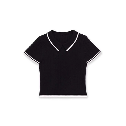 Women's Casual Cable Knit Short Sleeve Polo Shirt Contrast Stripe Trim Slim Fit Summer Knitwear Top For Daily Wear