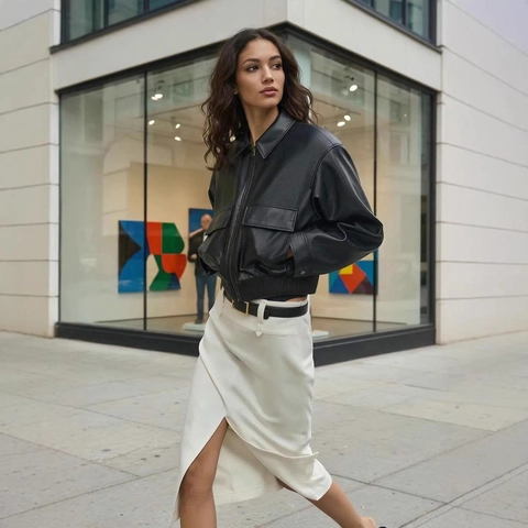 Chaqueta Bomber de Cuero Sintético Casual para Mujer Negro Manga Larga Abrigo Corto Con Grandes Bolsillos Dobladillo Acanalado Moda