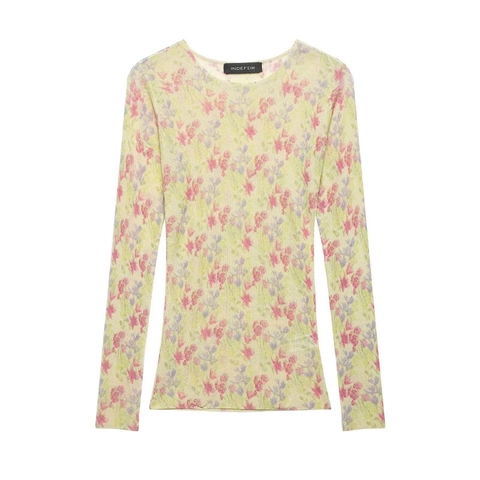 Dames Bloemenprint Geribbelde Gebreide Top Lange Mouw Elegant Ronde Hals Lichtgewicht Doorschijnend Casual Blouse