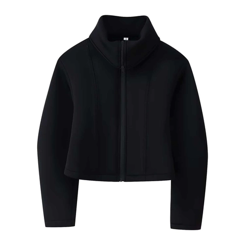 Women Standing Collar Zipper Short Jacket Scuba Fabric Casual Loose Long Sleeve Outerwear Sporty Versatile Plain Coat