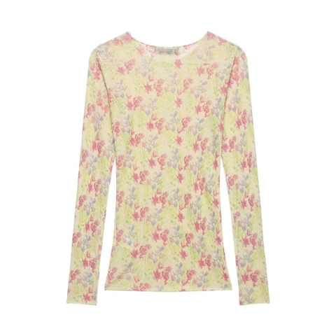 Dames Bloemenprint Geribbelde Gebreide Top Lange Mouw Elegant Ronde Hals Lichtgewicht Doorschijnend Casual Blouse