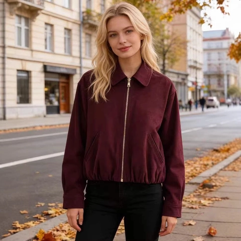 Chaqueta de Mujer Vintage de Aspecto de Gamuza con Solapa y Cremallera Otoño Casual Color Sólido Abrigo Corto con Dobladillo Elástico
