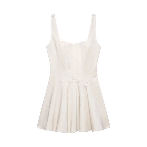 Abito Mini da Donna Sexy Scollo Quadrato Senza Maniche Vestibilità Aderente Tagli Principessa Orlo a Ruota Bianco Crema Estate