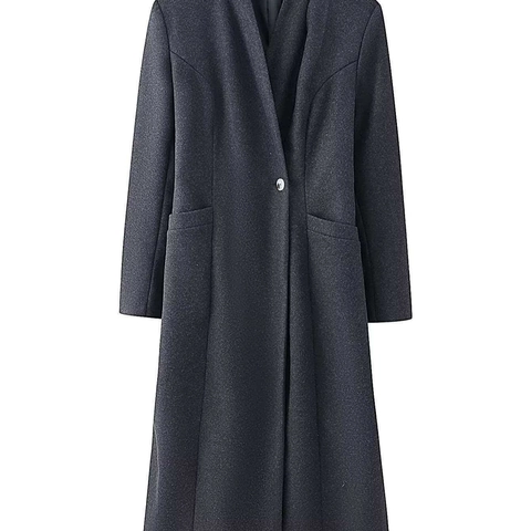 Elegant Minimalist Women Long Woolen Coat Solid Charcoal Grey Single Button Pocket V-Neck Autumn Winter Outerwear Jacket