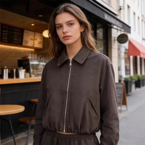Chaqueta de Mujer Vintage de Aspecto de Gamuza con Solapa y Cremallera Otoño Casual Color Sólido Abrigo Corto con Dobladillo Elástico