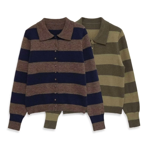 Pull Polo en Tricot Rayé Vintage à Manches Longues Boutonné Top Pullover Décontracté pour Femmes Jumper en Tricot Rétro Style Mode