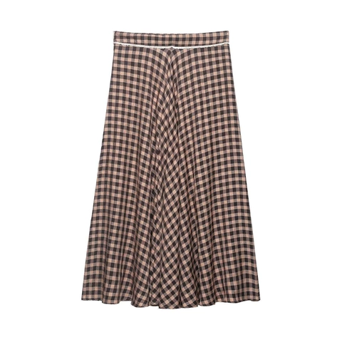 Damen Sommer Vintage Karierter Midi Rock Hohe Taille A-Linie Langer Rock Mit Spitzenbesatz Klassisches Karomuster Casual Rock