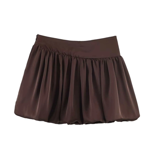 Women High Waist Satin Mini Skirt Pleated Ruched Bubble Hem Dark Brown French Vintage Style Summer Casual Short Skirt