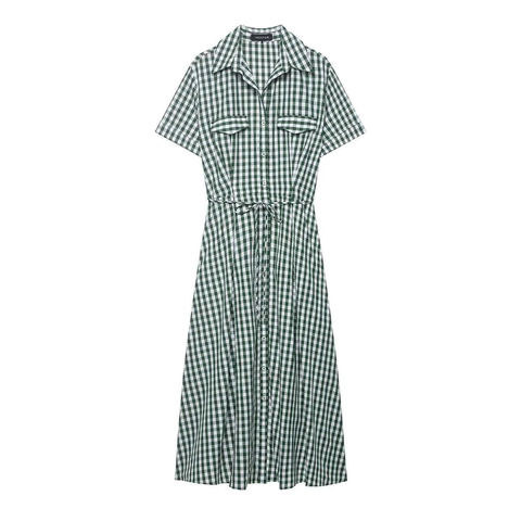 Women Gingham Shirt Dress Short Sleeve Lapel Button Up Green White Checkered Midi Dress With Belt Casual Summer A-Line Robe