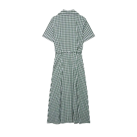 Women Gingham Shirt Dress Short Sleeve Lapel Button Up Green White Checkered Midi Dress With Belt Casual Summer A-Line Robe