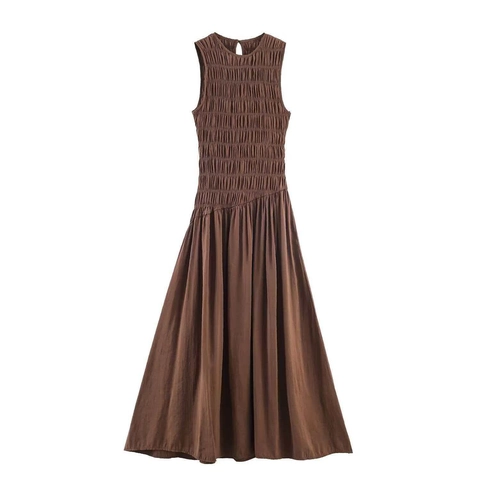Women's Casual Smocking Sleeveless Midi Dress Round Neck Ruched Waist Solid Brown Polyester Flowy Summer A-Line Dress