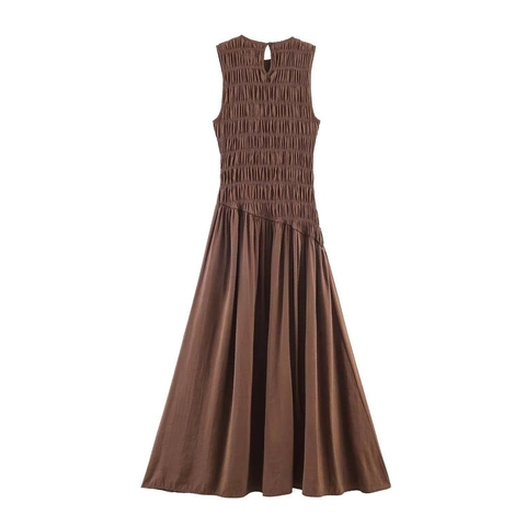 Women's Casual Smocking Sleeveless Midi Dress Round Neck Ruched Waist Solid Brown Polyester Flowy Summer A-Line Dress