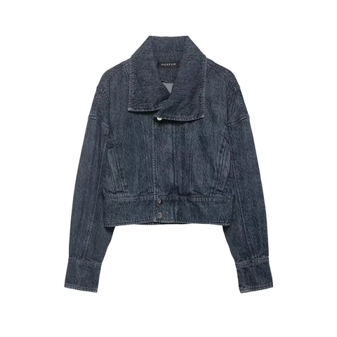Vintage Donkergrijs Gewassen Denim Jas Voor Dames Kort Waterrimpeltextuur Lange Mouw Revers Casual Jas Met Knöpfen