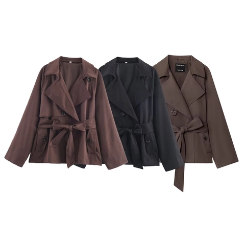 Dames Double Breasted Korte Trenchcoat Slim Fit Revers Windjack Met Riem Effen Kleur Kantoor Dagelijkse Bovenkleding