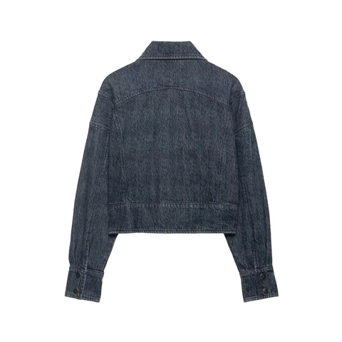 Vintage Donkergrijs Gewassen Denim Jas Voor Dames Kort Waterrimpeltextuur Lange Mouw Revers Casual Jas Met Knöpfen