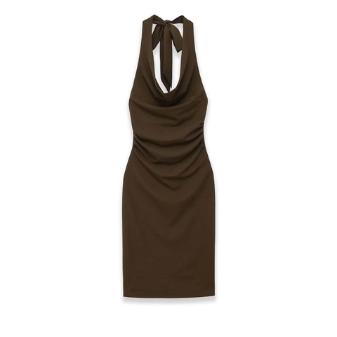 Vestido Halter Sexy para Mujer Cuello Drapeado Fruncido Ajustado Sin Mangas Espalda Descubierta Color Sólido Midi Fiesta