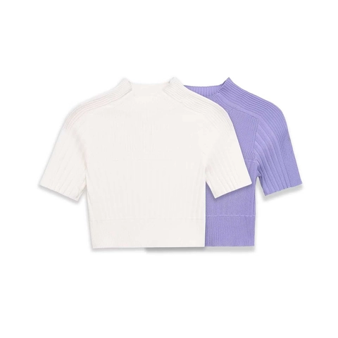 Top da Donna in Maglia a Costine Con Collo a Lupetto Manica Corta Aderente Tinta Unita Corto Leggero per Ufficio Casual