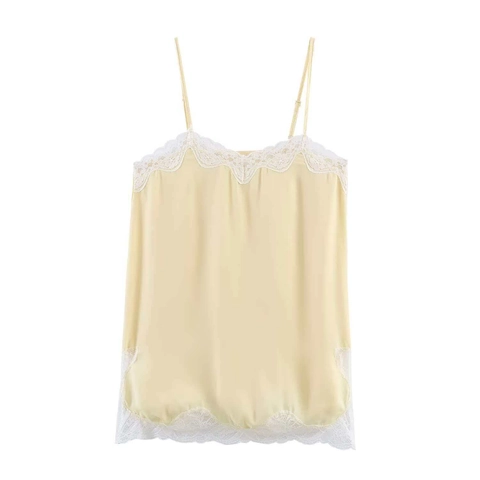 Light Yellow Satin Camisole Top For Women White Floral Lace Trim V Neck Slim Fit Adjustable Spaghetti Strap Summer