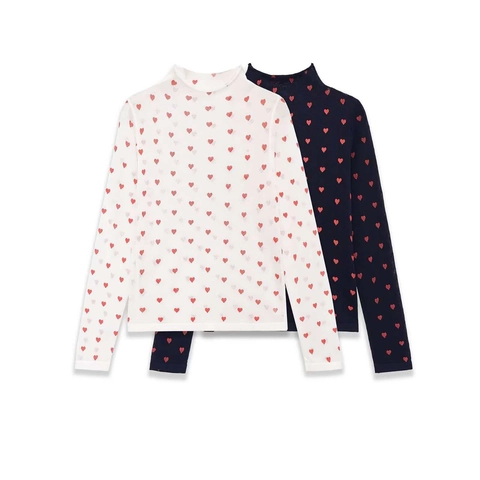 Women Mock Neck Long Sleeve T-Shirt Sweet Heart Print Slim Fit Base Layer Top Casual Heart Patterned Pullover Apparel