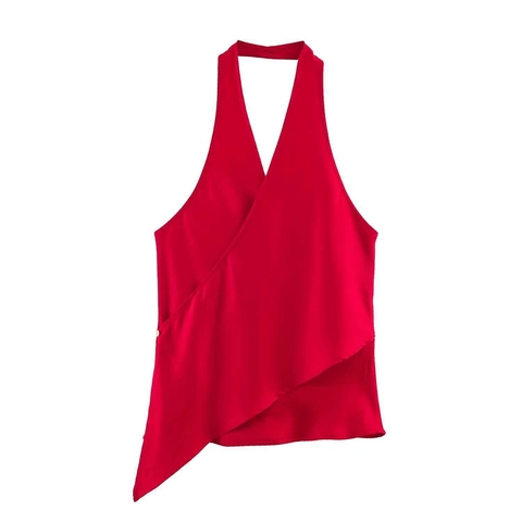 Top Halter da Donna in Raso Scollo a V Avvolgente Orlo Asimmetrico Senza Maniche Elegante Sexy Estate Party Clubwear Camicetta