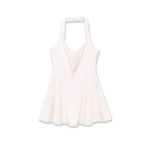 Damen Sexy Neckholder Minikleid Ärmellos Rückenfrei A-Linie Slim Fit Minimalistisch Weißes Partykleid