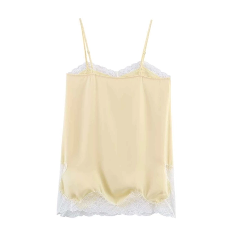 Light Yellow Satin Camisole Top For Women White Floral Lace Trim V Neck Slim Fit Adjustable Spaghetti Strap Summer