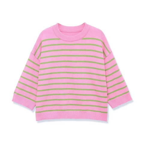 Women's Casual Striped Knitted Sweater Pink Green Round Neck Drop Shoulder Three Quarter Sleeve Pullover Top