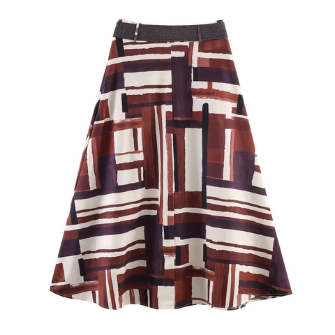 Gonna Midi Vintage Con Stampa Geometrica Per Donna Con Cintura Intrecciata Motivo Astratto Rosso Marrone Vita Alta Gonna a Linea A