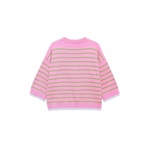 Women's Casual Striped Knitted Sweater Pink Green Round Neck Drop Shoulder Three Quarter Sleeve Pullover Top