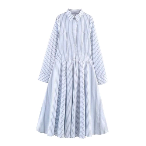 Damen Gestreift Langarm Popeline Hemd Midi Kleid Mit Knöpfen Reverskragen Elegant Casual Hohe Taille A-Linie Kleid