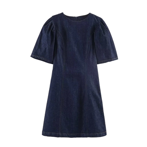 Women Puff Sleeve Denim Mini Dress Retro Round Neck Solid Color Short Sleeve Tight Waist Denim Dress With Invisible Zipper