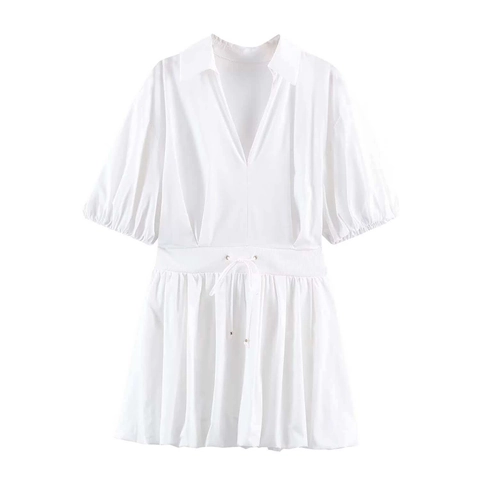 Damen Sommer Weiß V-Ausschnitt Puffärmel Hemdkleid Hohe Taille Mini Popeline Casual Elegant Party Kurzarm Kleid
