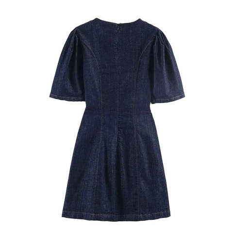 Women Puff Sleeve Denim Mini Dress Retro Round Neck Solid Color Short Sleeve Tight Waist Denim Dress With Invisible Zipper