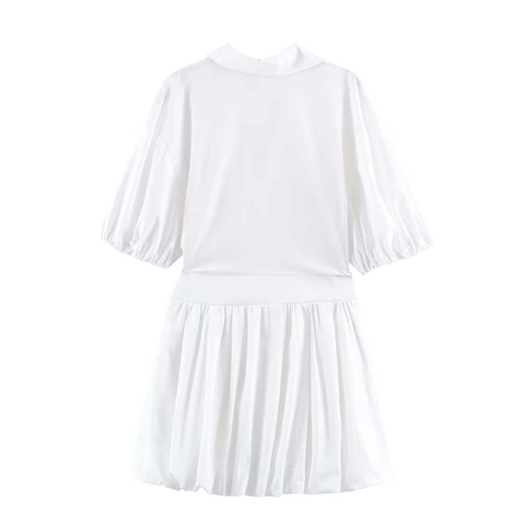 Damen Sommer Weiß V-Ausschnitt Puffärmel Hemdkleid Hohe Taille Mini Popeline Casual Elegant Party Kurzarm Kleid