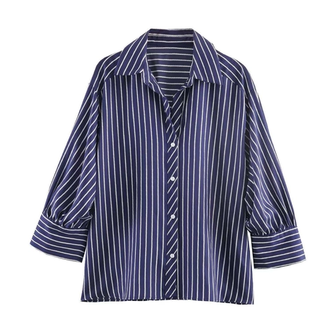 Damen Fashion Gestreift Puffärmel Satin Bluse Revers Einreihig Knopfhemd Casual Büro Pendler Top