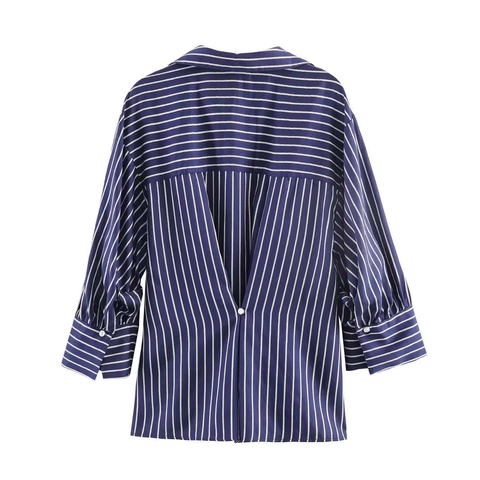 Damen Fashion Gestreift Puffärmel Satin Bluse Revers Einreihig Knopfhemd Casual Büro Pendler Top