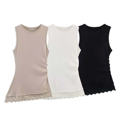 Women's Sleeveless Lace Stitching Ribbed Tank Top Side Ruching Asymmetric Hem Summer Casual Slim Fit Round Neck Vest