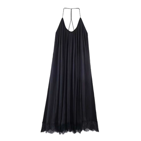 Robe Sexy Dos Nu en Satin pour Femmes Élégante Robe Maxi Plissée Sans Manches Avec Ourlet en Dentelle à Cils Robe de Soirée