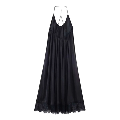 Robe Sexy Dos Nu en Satin pour Femmes Élégante Robe Maxi Plissée Sans Manches Avec Ourlet en Dentelle à Cils Robe de Soirée