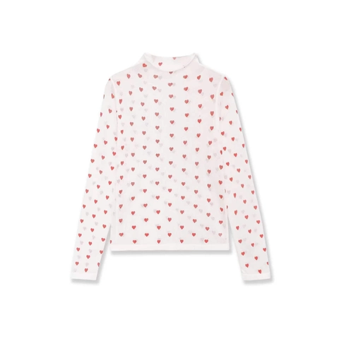 Women Mock Neck Long Sleeve T-Shirt Sweet Heart Print Slim Fit Base Layer Top Casual Heart Patterned Pullover Apparel